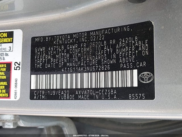 Продаж на аукціоні авто 2022 Toyota Camry Se, vin: 4T1G11AK3NU672826, номер лоту: 45583703