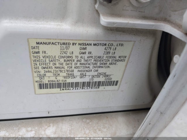 Aukcja sprzedaży 2008 Nissan Altima 2.5 S, vin: 1N4AL21E78C178568, numer aukcji: 45583724