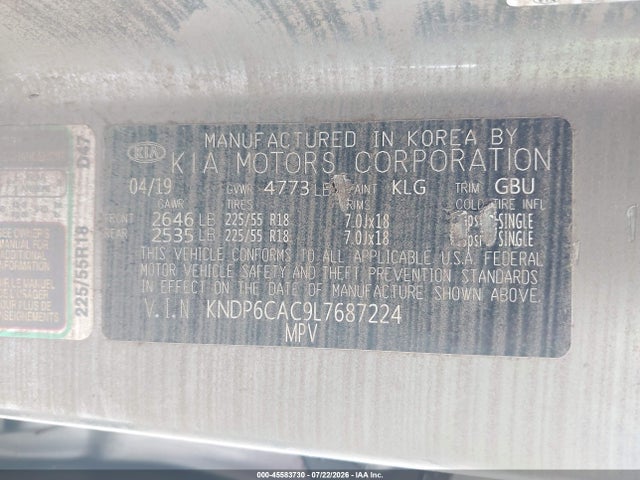 45583730 :رقم المزاد ، KNDP6CAC9L7687224 vin ، 2020 Kia Sportage S مزاد بيع