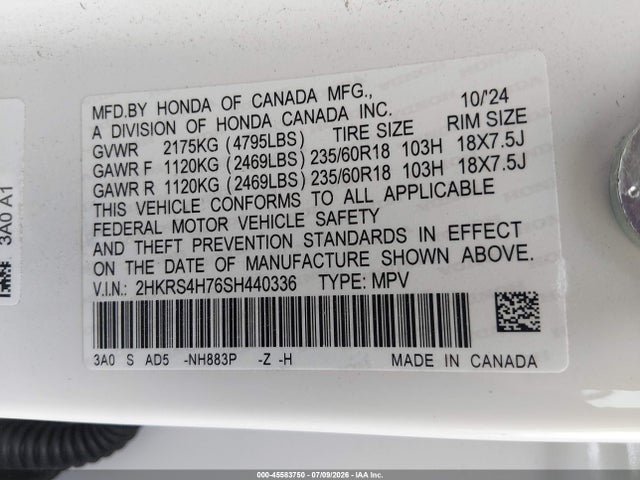 2025 Honda Cr-v Ex-l Awd მანქანა იყიდება აუქციონზე, vin: 2HKRS4H76SH440336, აუქციონის ნომერი: 45583750