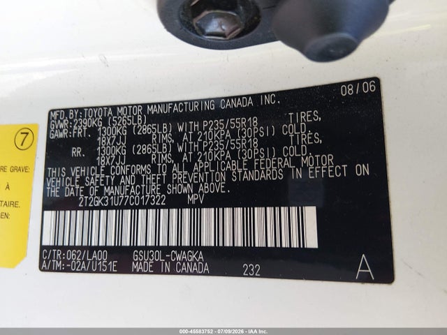 Aukcja sprzedaży 2007 Lexus Rx 350, vin: 2T2GK31U77C017322, numer aukcji: 45583752