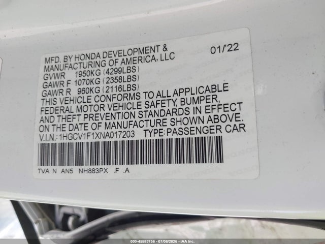 1HGCV1F1XNA017203 Honda ACCORD LX
