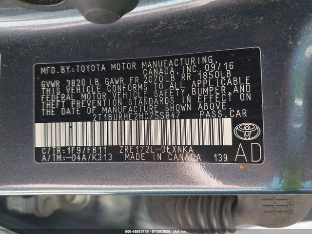 Продаж на аукціоні авто 2017 Toyota Corolla Le, vin: 2T1BURHE2HC755847, номер лоту: 45583759