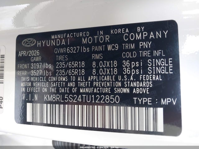 Продаж на аукціоні авто 2026 Hyundai Palisade Sel 8p, vin: KM8RL5S24TU122850, номер лоту: 45583765