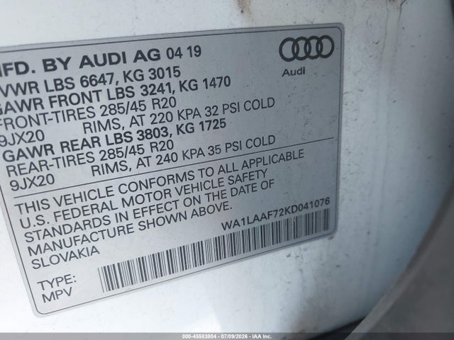 Aukcja sprzedaży 2019 Audi Q7 55 Premium/55 Se Premium, vin: WA1LAAF72KD041076, numer aukcji: 45583804