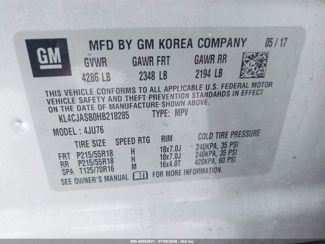 45583821 :رقم المزاد ، KL4CJASB0HB218285 vin ، 2017 Buick Encore Preferred مزاد بيع