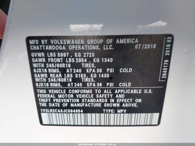 2018 Volkswagen Atlas 3.6l V6 Se/3.6l V6 Se W/technology მანქანა იყიდება აუქციონზე, vin: 1V2LR2CA0JC584854, აუქციონის ნომერი: 45583849