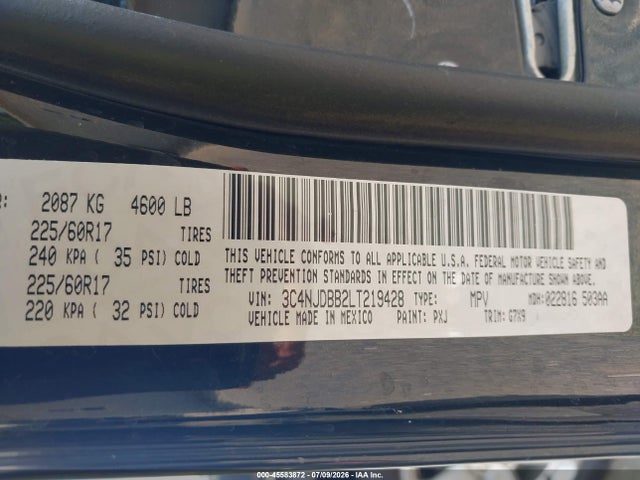 Продаж на аукціоні авто 2020 Jeep Compass Latitude 4x4, vin: 3C4NJDBB2LT219428, номер лоту: 45583872