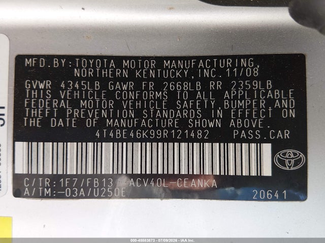 2009 Toyota Camry Le მანქანა იყიდება აუქციონზე, vin: 4T4BE46K99R121482, აუქციონის ნომერი: 45583873