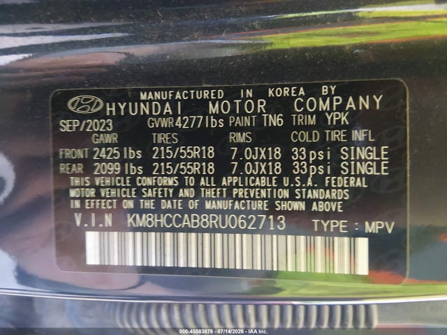2024 Hyundai Kona Sel მანქანა იყიდება აუქციონზე, vin: KM8HCCAB8RU062713, აუქციონის ნომერი: 45583878