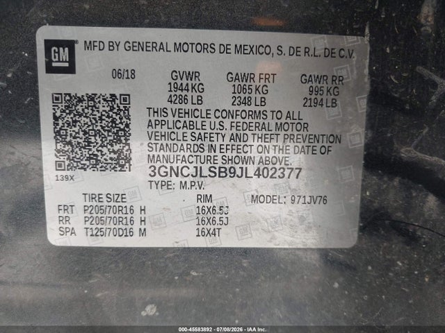 45583892 :رقم المزاد ، 3GNCJLSB9JL402377 vin ، 2018 Chevrolet Trax Lt مزاد بيع