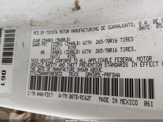 45583894 :رقم المزاد ، 3TYCZ5AN4NT083032 vin ، 2022 Toyota Tacoma Trd Off Road مزاد بيع