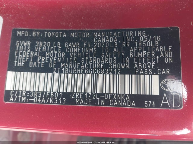 Toyota COROLLA LE 2016 2T1BURHE6GC683212 Image 9