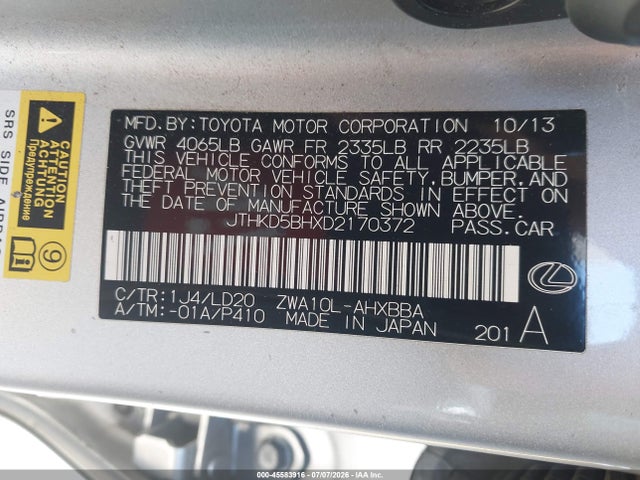 45583916 :رقم المزاد ، JTHKD5BHXD2170372 vin ، 2013 Lexus Ct 200h مزاد بيع
