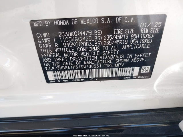 45583918 :رقم المزاد ، 3HDSA1H54SM700551 vin ، 2025 Acura Adx A-spec مزاد بيع