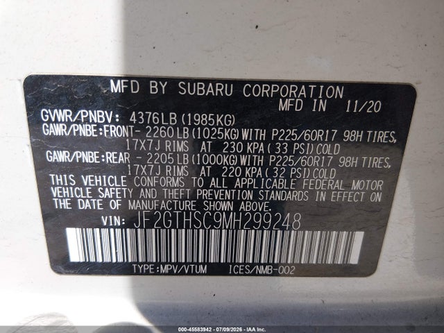2021 Subaru Crosstrek Sport მანქანა იყიდება აუქციონზე, vin: JF2GTHSC9MH299248, აუქციონის ნომერი: 45583942