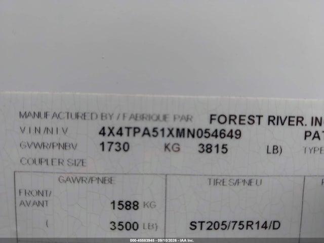 Aukcja sprzedaży 2021 Forest River Other, vin: 4X4TPA51XMN054649, numer aukcji: 45583945