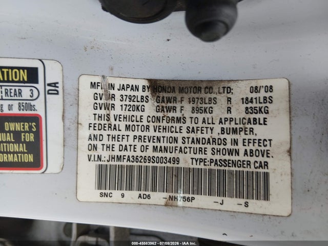 2009 Honda Civic Hybrid მანქანა იყიდება აუქციონზე, vin: JHMFA36269S003499, აუქციონის ნომერი: 45583962