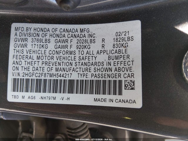 45583968 :رقم المزاد ، 2HGFC2F87MH544217 vin ، 2021 Honda Civic Sport مزاد بيع