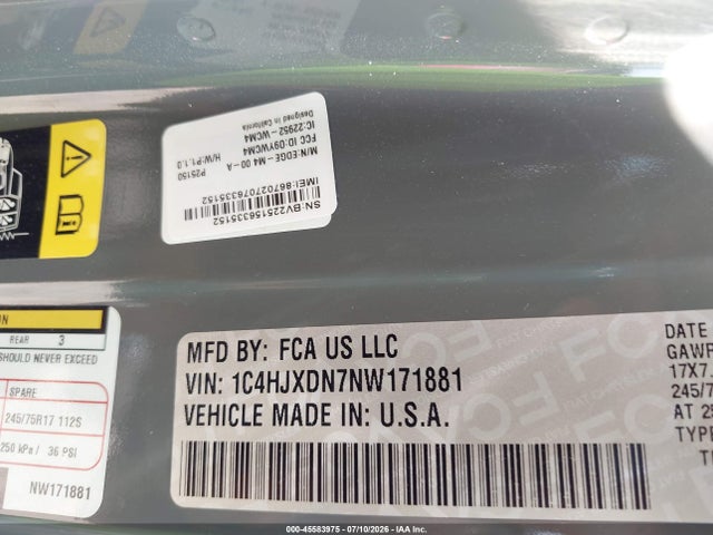 45583975 :رقم المزاد ، 1C4HJXDN7NW171881 vin ، 2022 Jeep Wrangler Unlimited Sport S 4x4 مزاد بيع