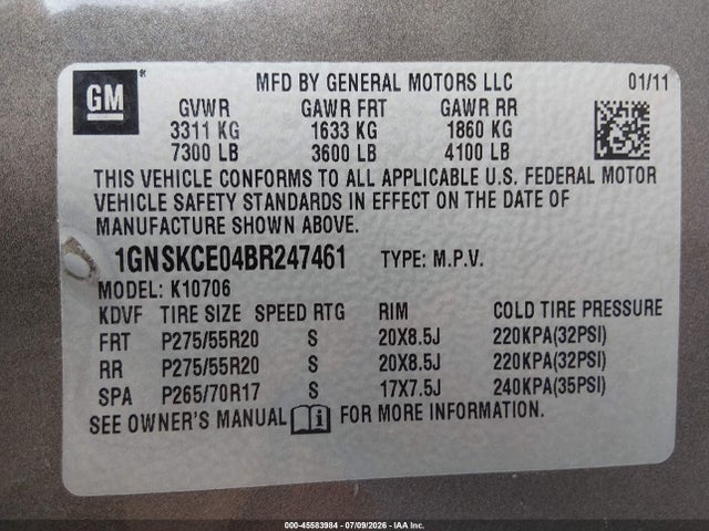 45583984 :رقم المزاد ، 1GNSKCE04BR247461 vin ، 2011 Chevrolet Tahoe Ltz مزاد بيع