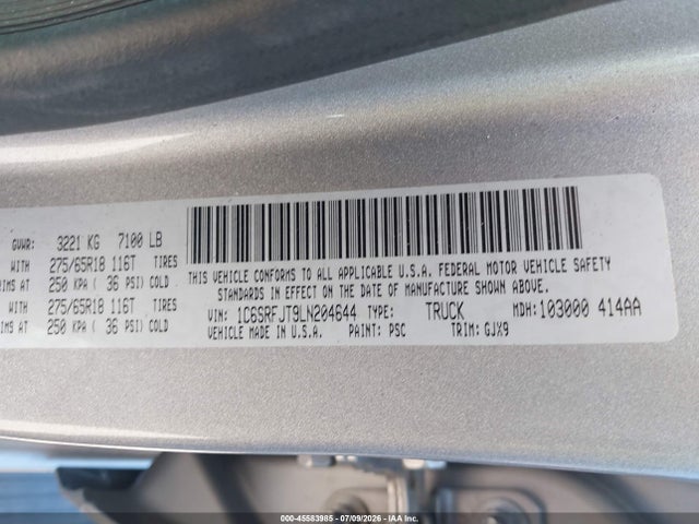 2020 Ram 1500 Laramie  4x4 5'7 Box მანქანა იყიდება აუქციონზე, vin: 1C6SRFJT9LN204644, აუქციონის ნომერი: 45583985