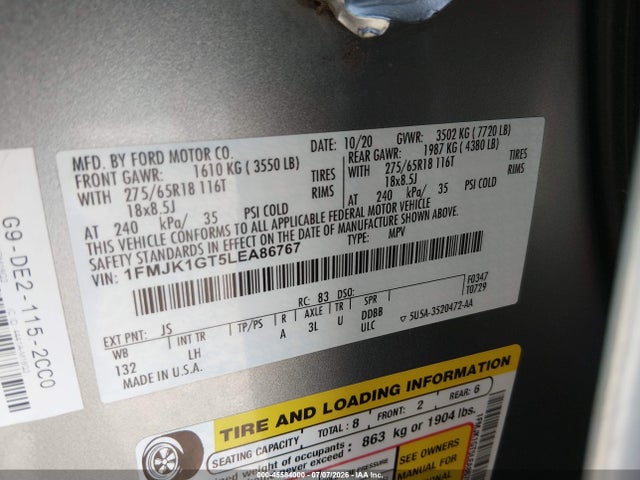 Ford Expedition Xl Max 2020 1FMJK1GT5LEA86767 Image 9