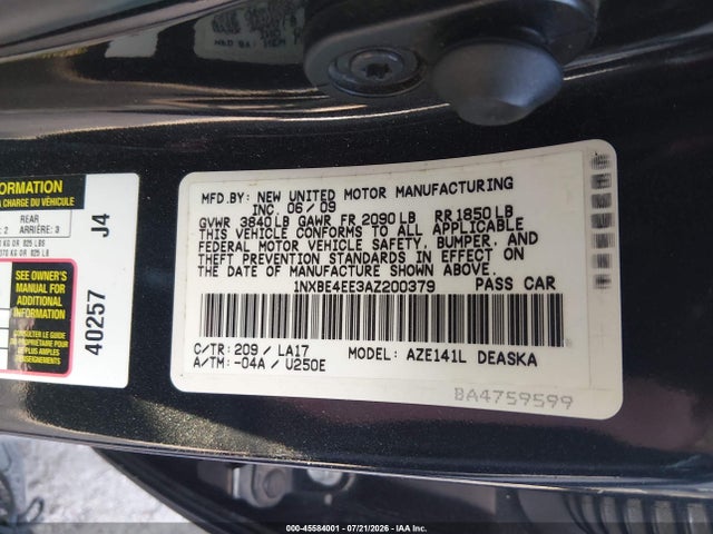 Aukcja sprzedaży 2010 Toyota Corolla Xrs, vin: 1NXBE4EE3AZ200379, numer aukcji: 45584001