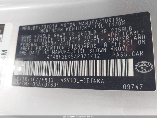 2010 Toyota Camry Le მანქანა იყიდება აუქციონზე, vin: 4T4BF3EK5AR071712, აუქციონის ნომერი: 45584005