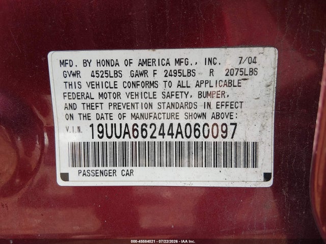 Продаж на аукціоні авто 2004 Acura Tl, vin: 19UUA66244A060097, номер лоту: 45584021