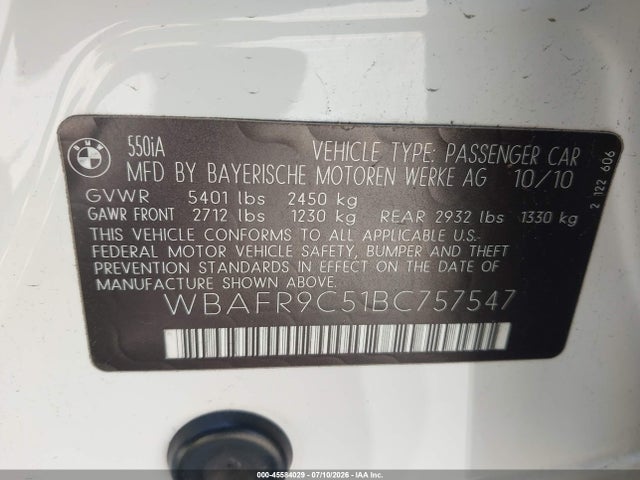 Продажа на аукционе авто 2011 Bmw 550i, vin: WBAFR9C51BC757547, номер лота: 45584029