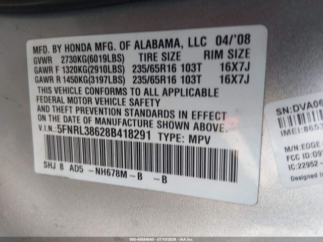 Продажа на аукционе авто 2008 Honda Odyssey Ex-l, vin: 5FNRL38628B418291, номер лота: 45584040