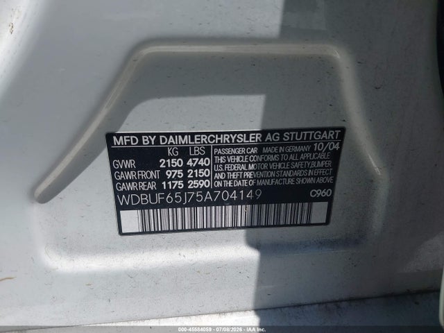 Aukcja sprzedaży 2005 Mercedes-benz E 320, vin: WDBUF65J75A704149, numer aukcji: 45584059