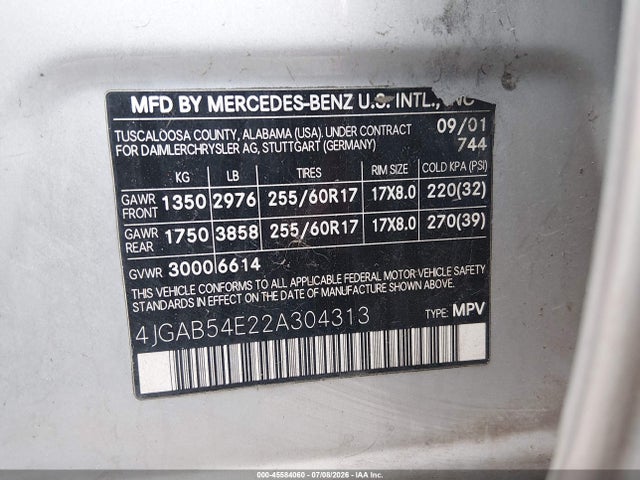 45584060 :رقم المزاد ، 4JGAB54E22A304313 vin ، 2002 Mercedes-benz Ml 320 مزاد بيع