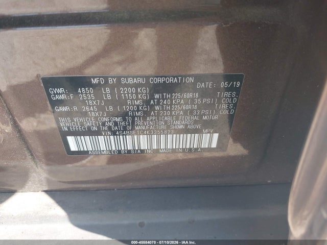 2019 Subaru Outback 3.6r Touring მანქანა იყიდება აუქციონზე, vin: 4S4BSETC4K3355823, აუქციონის ნომერი: 45584070