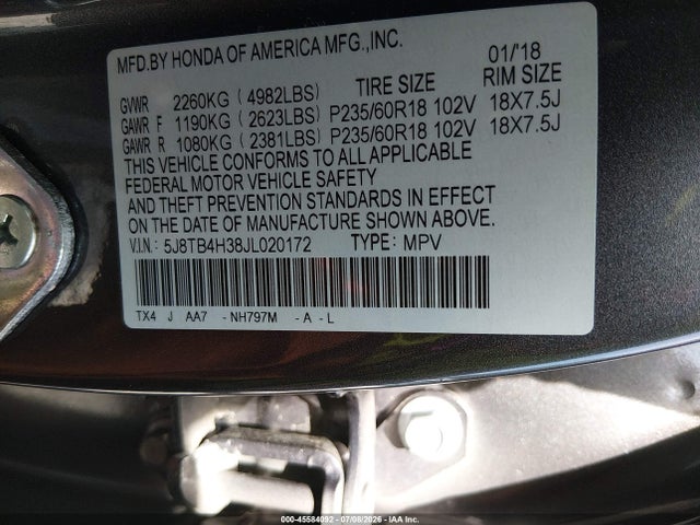 Aukcja sprzedaży 2018 Acura Rdx Acurawatch Plus Package, vin: 5J8TB4H38JL020172, numer aukcji: 45584092