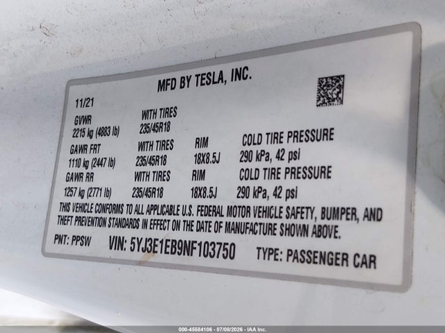 5YJ3E1EB9NF103750 Tesla Model 3 Long Range Dual Motor All-wheel Drive