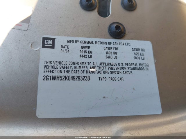 Aukcja sprzedaży 2004 Chevrolet Impala Ls, vin: 2G1WH52K049293238, numer aukcji: 45584107