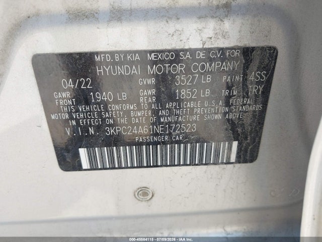 45584115 :رقم المزاد ، 3KPC24A61NE172523 vin ، 2022 Hyundai Accent Sel مزاد بيع