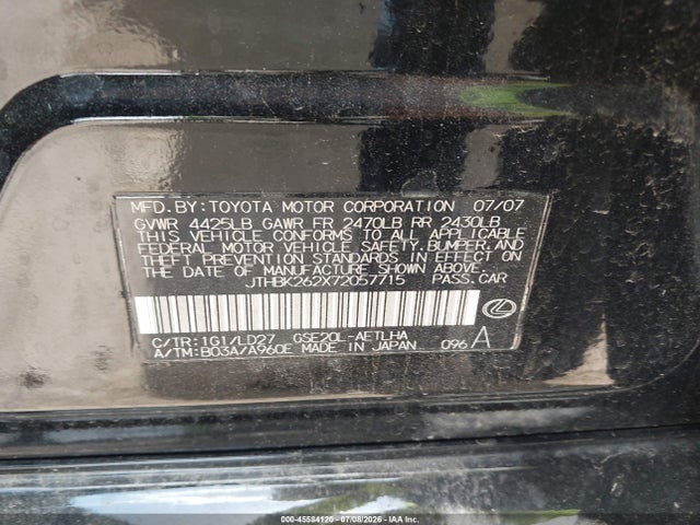 45584120 :رقم المزاد ، JTHBK262X72057715 vin ، 2007 Lexus Is 250 مزاد بيع
