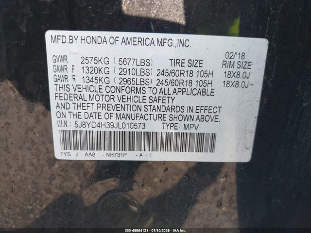 2018 Acura Mdx მანქანა იყიდება აუქციონზე, vin: 5J8YD4H39JL010573, აუქციონის ნომერი: 45584121