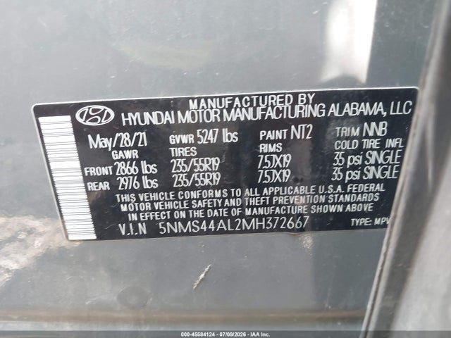 2021 Hyundai Santa Fe Limited მანქანა იყიდება აუქციონზე, vin: 5NMS44AL2MH372667, აუქციონის ნომერი: 45584124