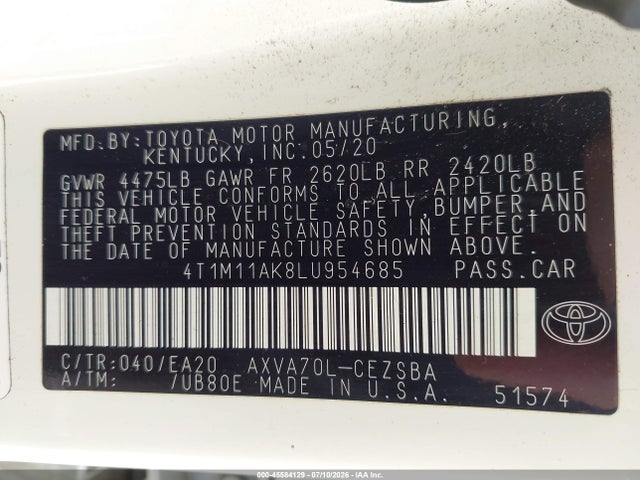 Aukcja sprzedaży 2020 Toyota Camry Se, vin: 4T1M11AK8LU954685, numer aukcji: 45584129
