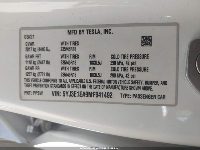 Tesla Model 3 Standard Range Plus Rear-wheel Drive 2021 5YJ3E1EA9MF941492 Image 9