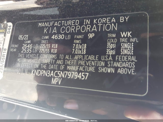 2022 Kia Sportage Ex მანქანა იყიდება აუქციონზე, vin: KNDPN3AC5N7979457, აუქციონის ნომერი: 45584134