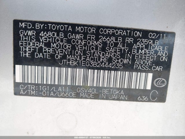 Продаж на аукціоні авто 2011 Lexus Es 350, vin: JTHBK1EG3B2444235, номер лоту: 45584137