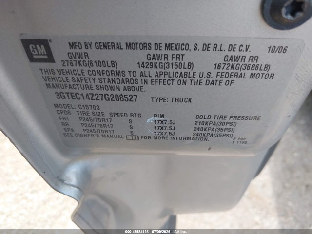 Aukcja sprzedaży 2007 Gmc Sierra 1500 Classic Sle1, vin: 3GTEC14Z27G208527, numer aukcji: 45584138