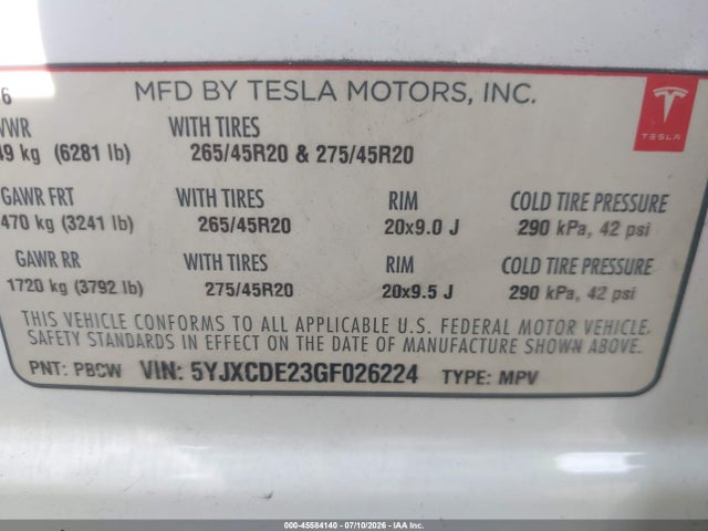 Продаж на аукціоні авто 2016 Tesla Model X 60d/70d/75d/90d, vin: 5YJXCDE23GF026224, номер лоту: 45584140
