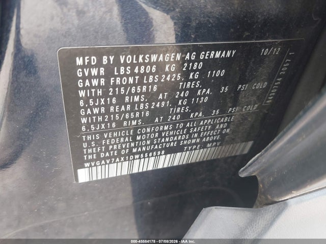 Продажа на аукционе авто 2013 Volkswagen Tiguan S, vin: WVGAV7AX1DW556598, номер лота: 45584178