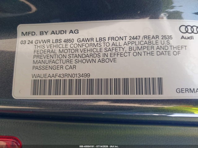 Продаж на аукціоні авто 2024 Audi A4 Premium Plus 45 Tfsi S Line Quattro S Tronic, vin: WAUEAAF43RN013499, номер лоту: 45584181